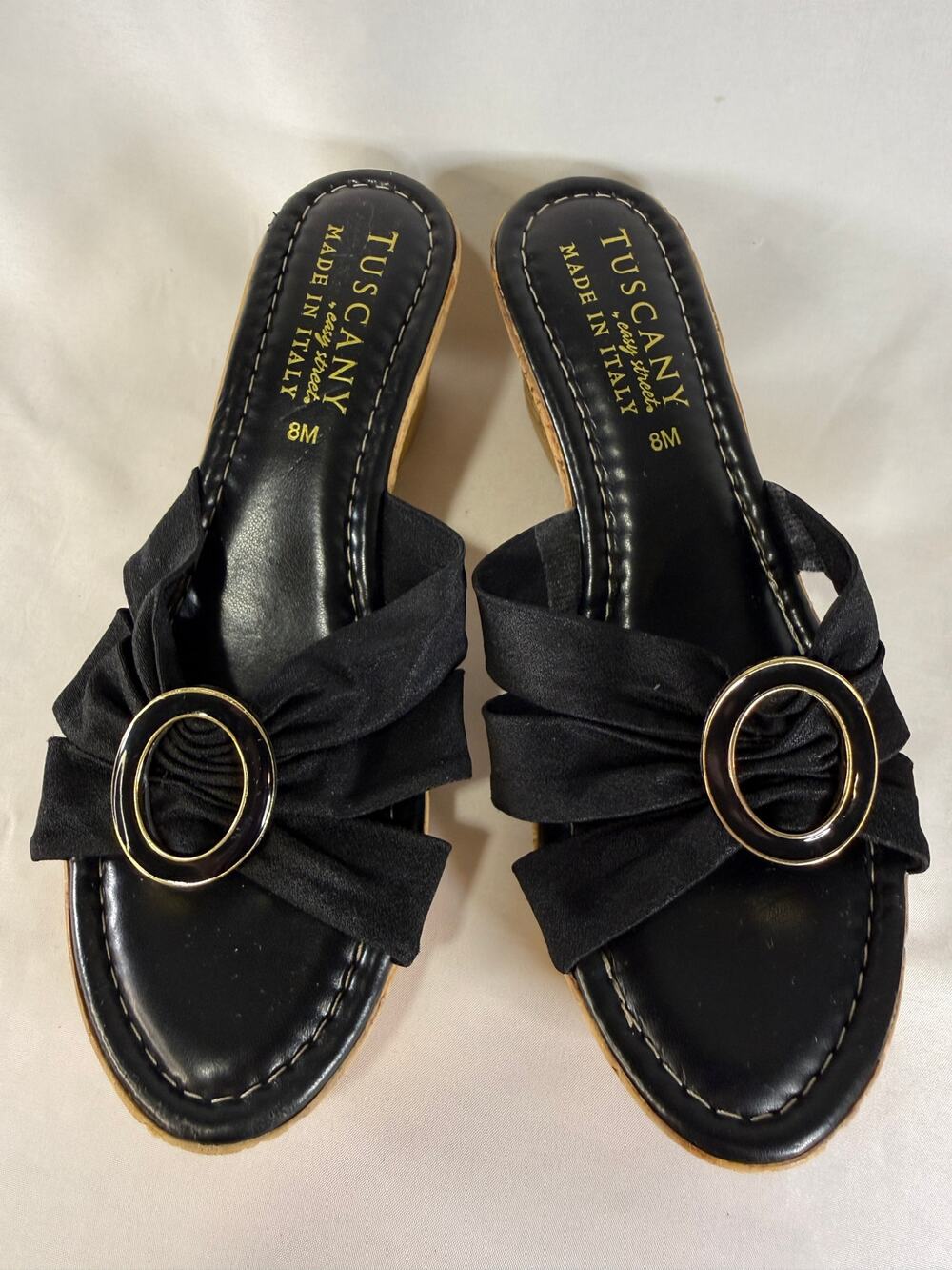 Tuscany Easy Street Womens 8M Black Fabric Cork Wedge Slide Sandals Buckle Italy